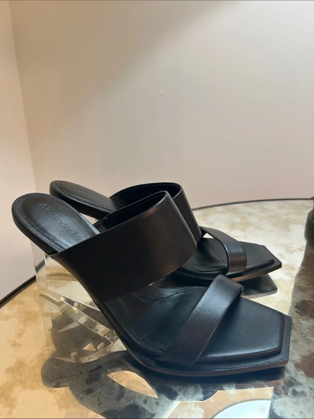 Alexander McQueen Black Leather Clear-Heel Slide Sandals 39.5